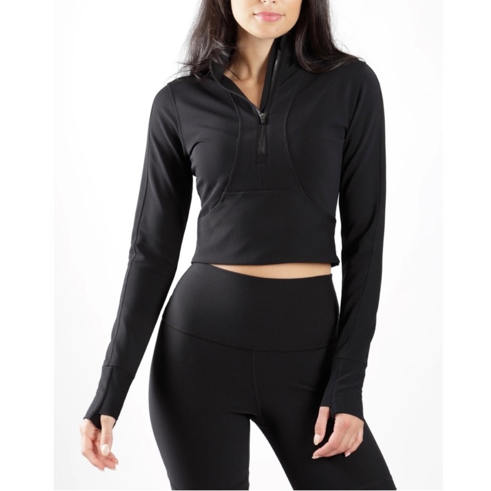 90 degree by Reflex 1/4 Zip Pullover cropped black Jacket Ribbed Large